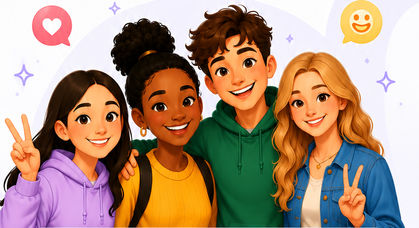 Group of smiling teen friends waving